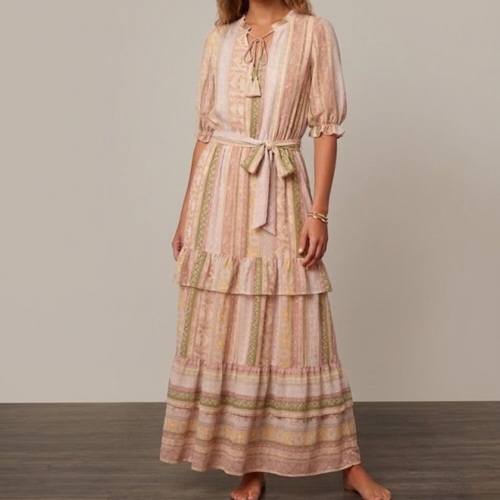 Wonderly NEW Boho Cottagecore short sleeve Ruffle belted Tiered Maxi Dress, M